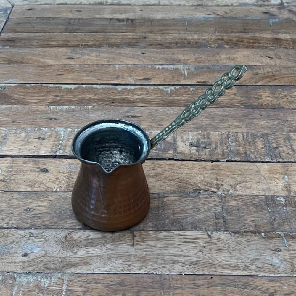 Vintage Hammered Copper Turkish Coffee Pot With Intricate Brass Handle - Picture 2 of 9